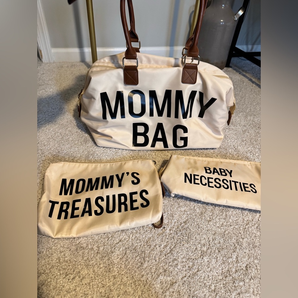 Cream Mommy Bag Set with Brown Handles